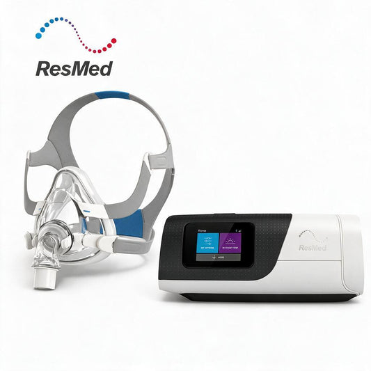 ResMed sleep apnea device set featuring a clear and gray full-face mask with blue accents, shown next to a white and black sleep monitor with a color display screen. The ResMed logo is visible in the top left corner.