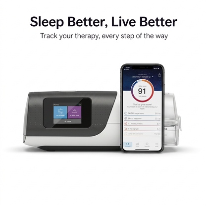 A sleep therapy device with a built-in display screen shown next to a smartphone displaying a companion app, with marketing text at the top reading 'Sleep Better, Live Better'.