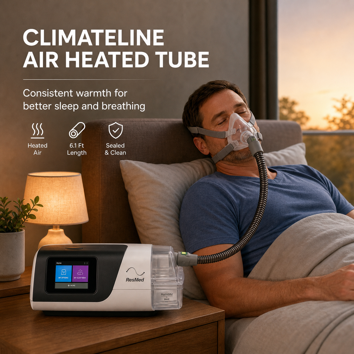 A man sleeping in bed with a RespIect climateline heated tube CPAP machine placed on the bedside table. The scene includes marketing text highlighting heated air, 6.