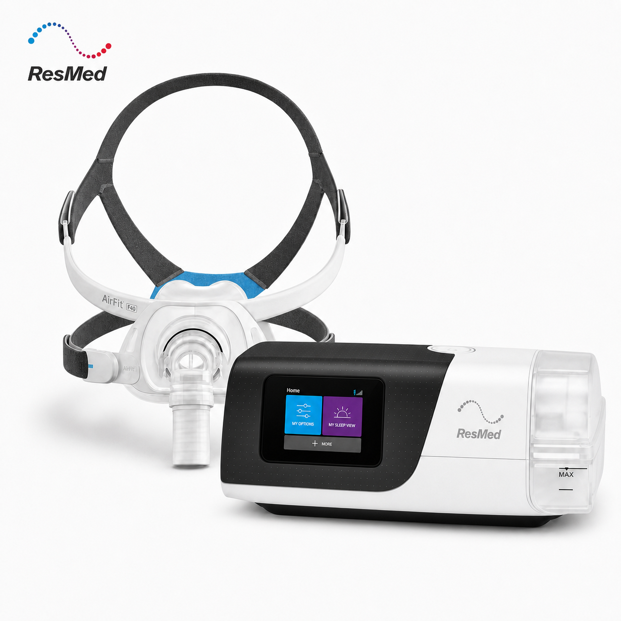 ResMed sleep apnea device set featuring a white and black nasal mask with a head strap and a matching white and black respiratory machine with a color display screen, shown on a clean white background with a ResMed logo in the top left.