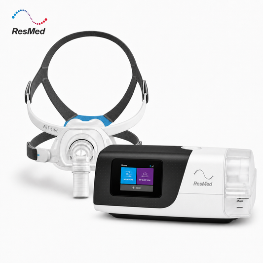 ResMed sleep apnea device set featuring a white and black nasal mask with a head strap and a matching white and black respiratory machine with a color display screen, shown on a clean white background with a ResMed logo in the top left.