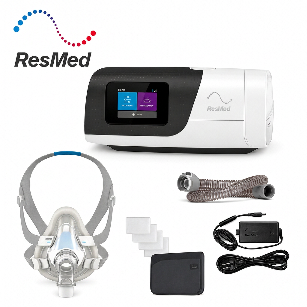 ResMed CPAP machine kit on a white background, including the main CPAP unit with a color display screen, a sleep mask, tubing, accessories, and the ResMed logo.