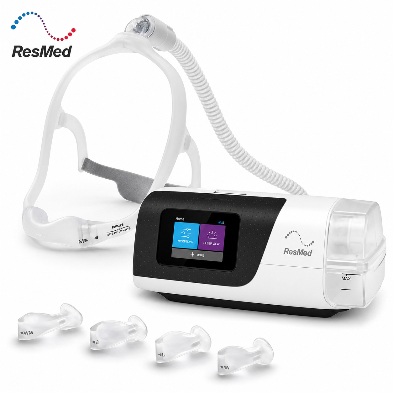 ResMed CPAP machine with a white and black control unit, connected tubing, clear mask headgear, and four clear nasal pillows on a white background.