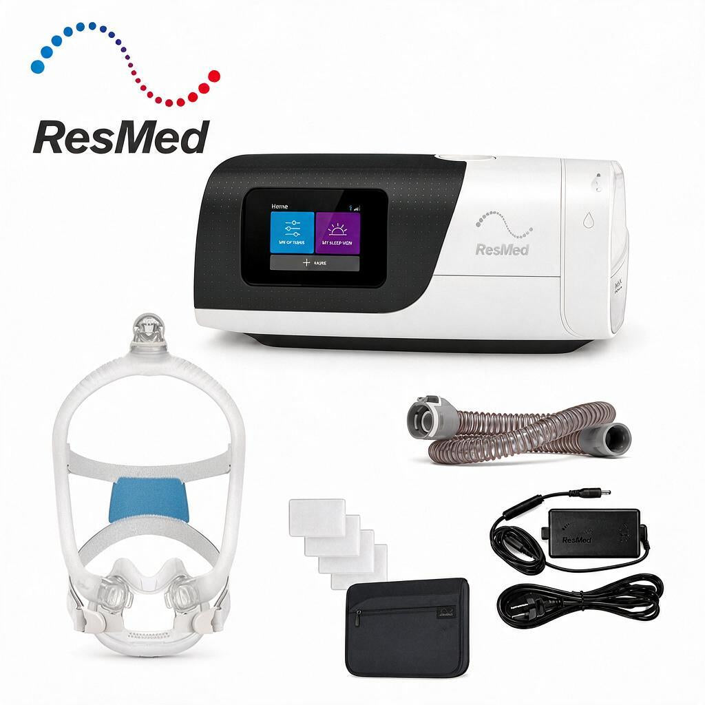 ResMed CPAP machine kit on a white background, including the main CPAP unit with a color display screen, a clear sleep mask with blue cushion, breathing tube, power adapter, cables, and accessories. The ResMed logo is visible in the top left.