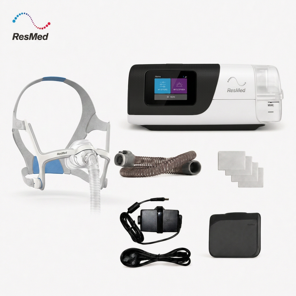 ResMed CPAP and sleep apnea treatment kit on a white background, including a sleep apnea mask, main machine with color display screen, tubing, face mask pads, nasal dilator, connector, power cord, and a black case.