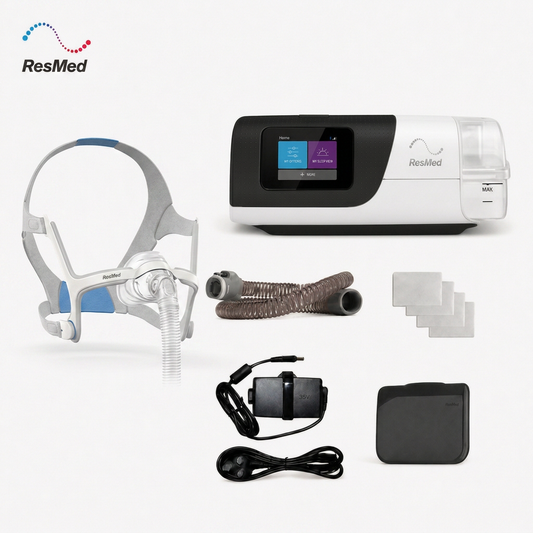 ResMed CPAP and sleep apnea treatment kit on a white background, including a sleep apnea mask, main machine with color display screen, tubing, face mask pads, nasal dilator, connector, power cord, and a black case.