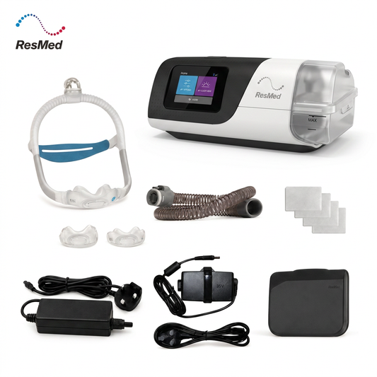 ResMed CPAP kit with the main CPAP machine, mask, tubing, accessories, power adapter, and accessories arranged on a clean white background. The ResMed logo is visible in the top-left corner.