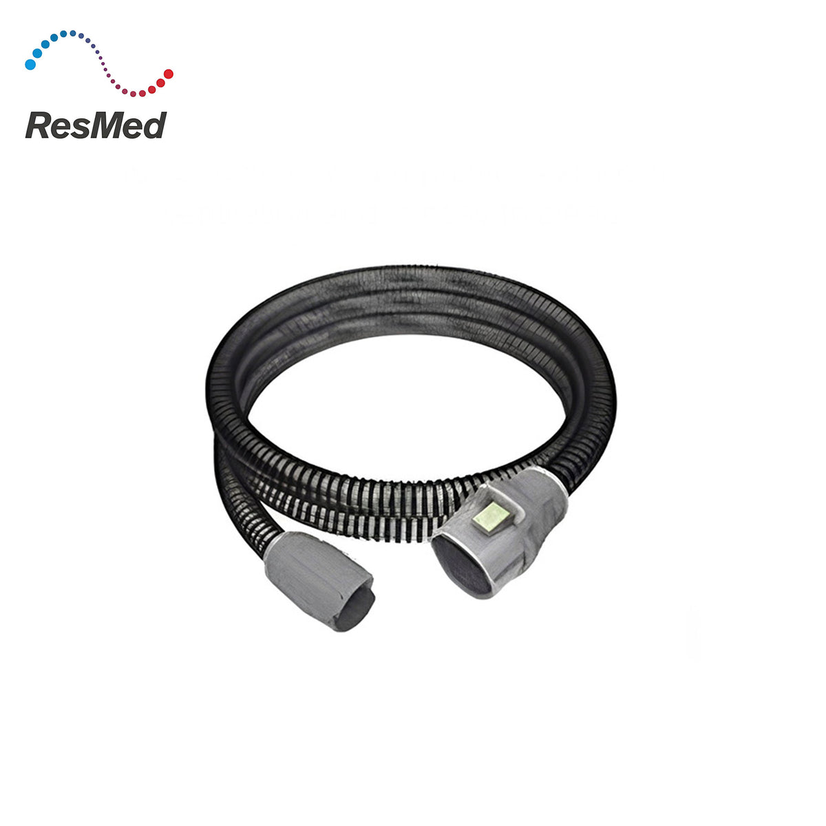 Gray hose with connectors on a white background, featuring ResMed logo.