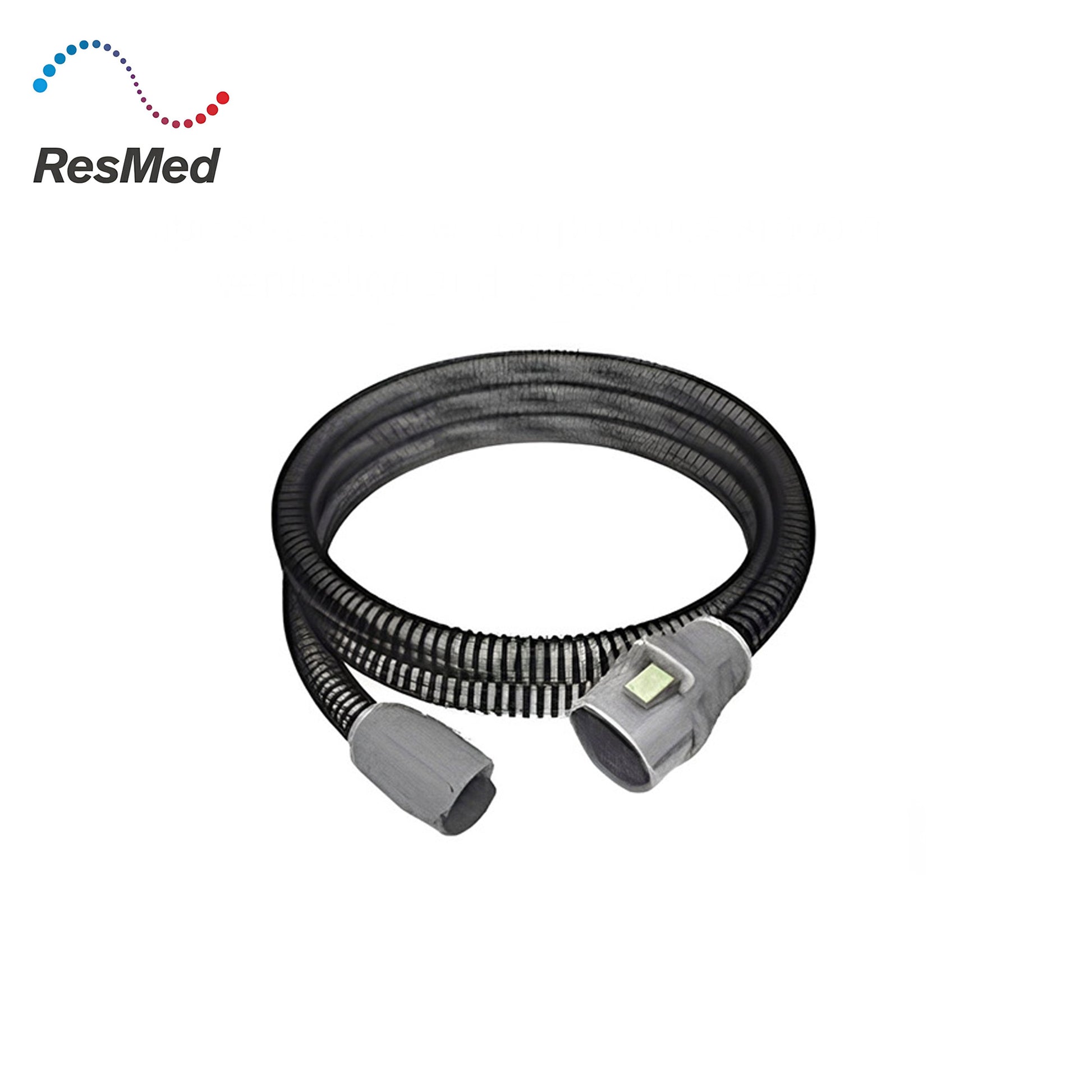 Gray hose with connectors on a white background, featuring ResMed logo.