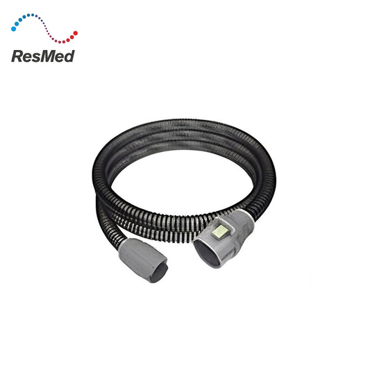 Gray hose with connectors on a white background, featuring ResMed logo.