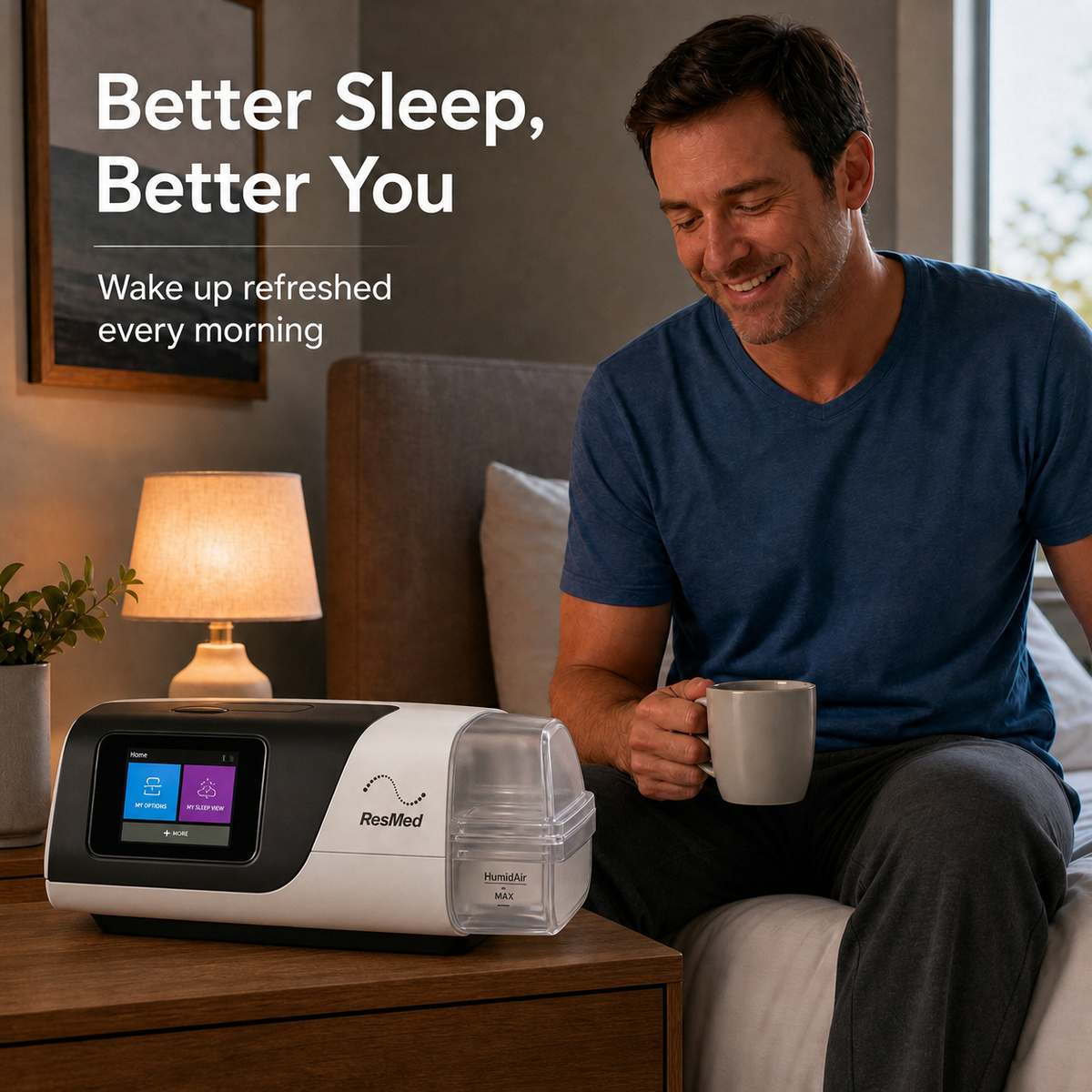 A man sits on a bed in a bedroom setting, holding a mug next to a RespMed AirMini sleep device on a bedside table. The image includes promotional text that reads 'Better Sleep, Better You' and 'Wake up refreshed every morning'.