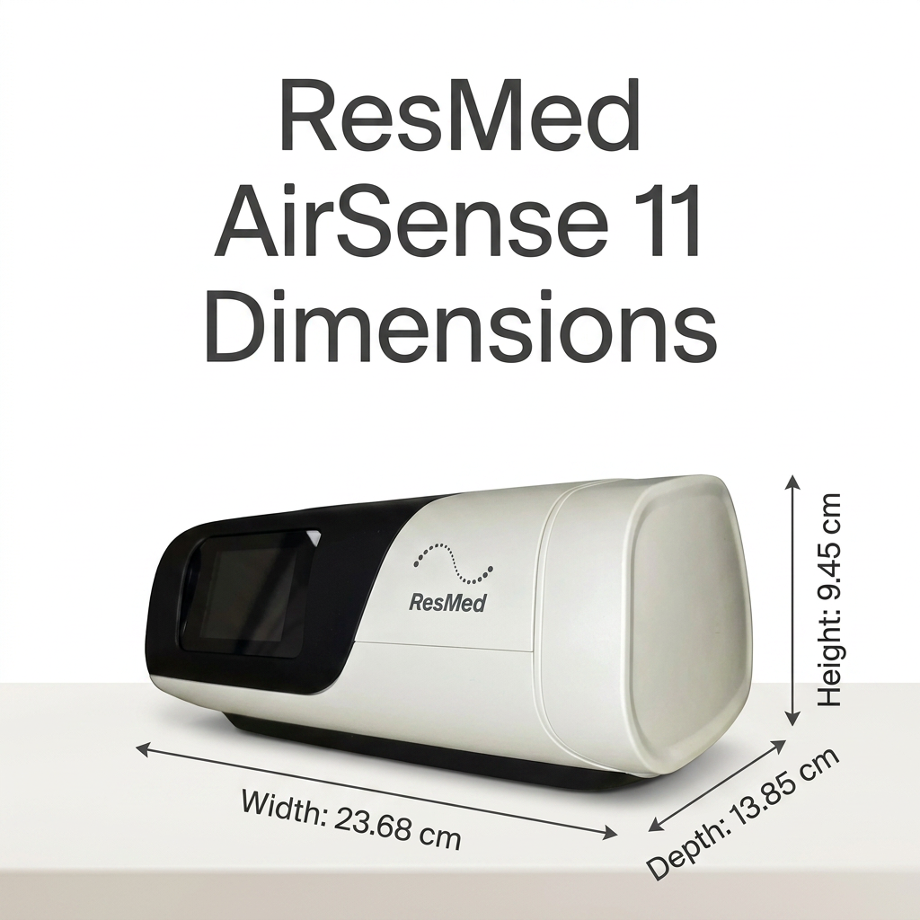 ResMed AirSense 11 device shown with dimension arrows and labels indicating width 23.68 cm, depth 13.