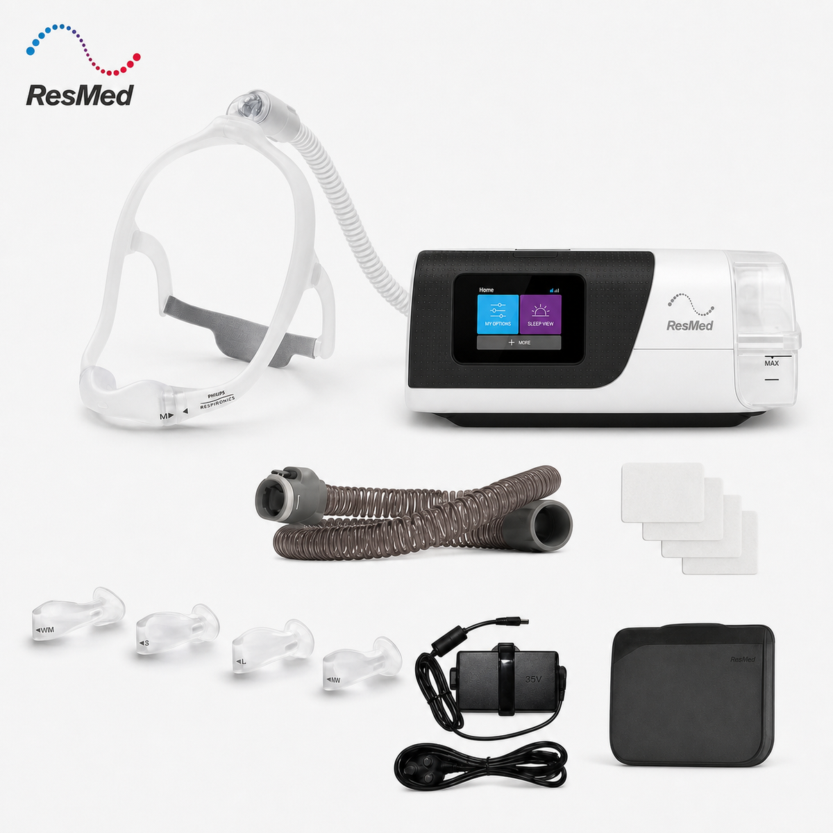 ResMed CPAP home sleep appliance set on a white background, including the CPAP machine with screen, mask, tubing, ear molds, nasal dilator, accessories, and a black carrying case. ResMed logo is visible in the top left.
