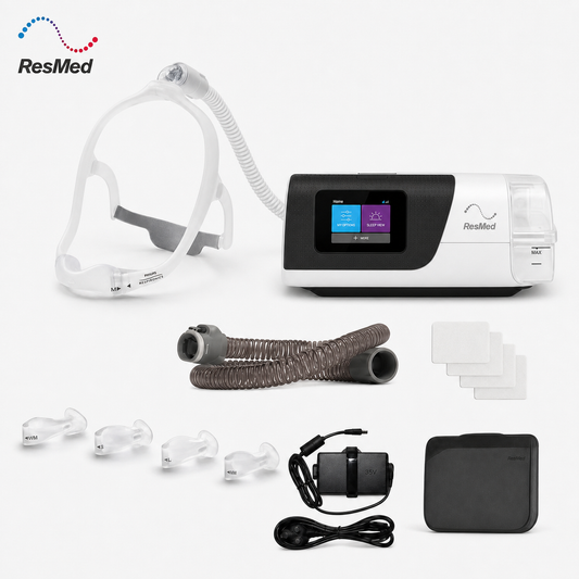 ResMed CPAP home sleep appliance set on a white background, including the CPAP machine with screen, mask, tubing, ear molds, nasal dilator, accessories, and a black carrying case. ResMed logo is visible in the top left.