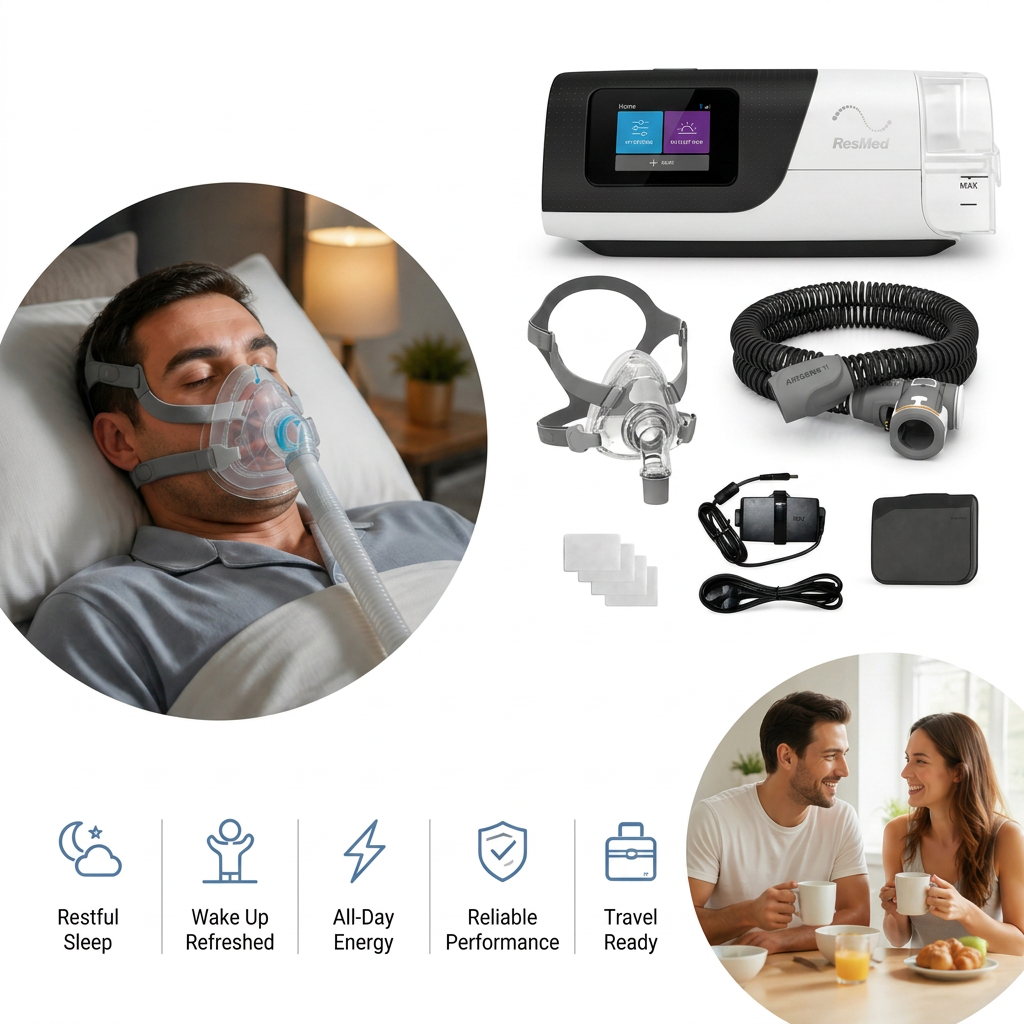 A sleep apnea and CPAP treatment kit shown on a white background, including a main monitor device, face mask, tubing, straps, battery/power accessories, and a small black case. Two circular lifestyle photos show a man wearing the mask in bed and a couple waking up together.