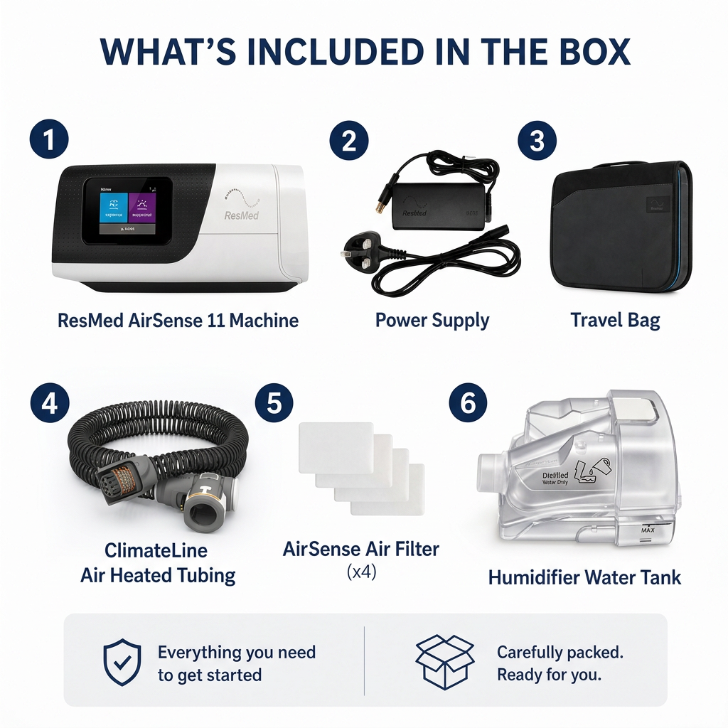 An infographic titled 'WHAT'S INCLUDED IN THE BOX' showing six components of a ResMed AirSense 11 kit: the main device, power supply, travel bag, heated tubing, air filters, and water tank, numbered 1 through 6 on a white background.