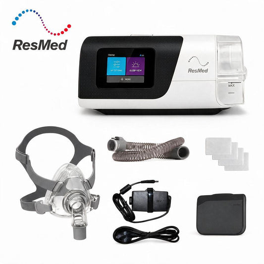 ResMed CPAP machine with accessories including a sleep mask headgear, breathing tube, power adapter, ear hooks, replacement masks, and a black carrying case on a white background with the ResMed logo.