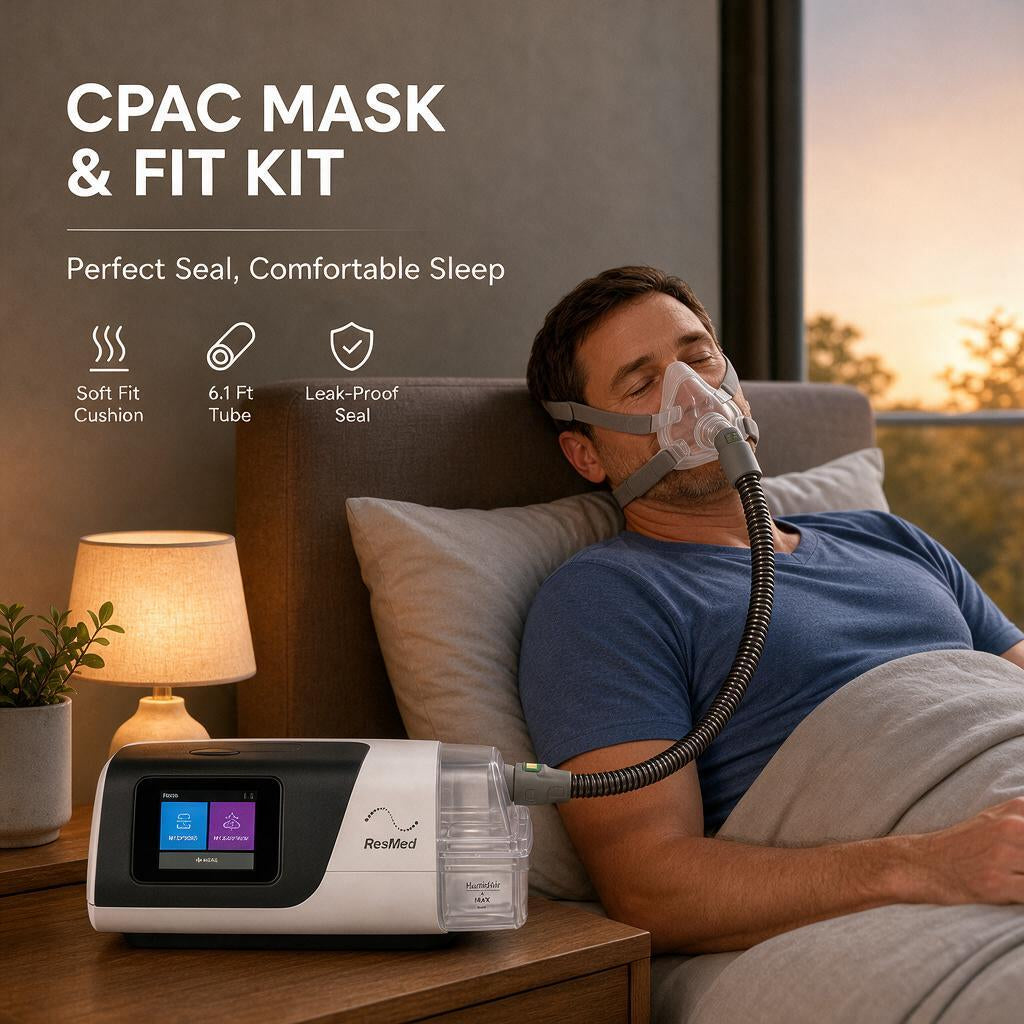 A man wearing a RespMed CPAC mask and breathing tube bed in a bedroom setting, with the CPAP machine placed on a bedside table. The image includes marketing text highlighting features like perfect seal, comfortable sleep, soft fit cushion, 6.