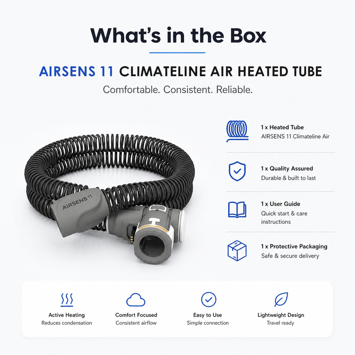 A promotional product graphic for the AIRSENS 11 Climateline Air Heated Tube, showing the coiled black heated tube and metal connector on a light gray background, with text listing included items and product benefits.