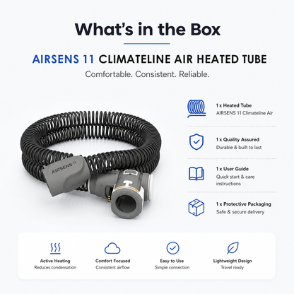A promotional product graphic for the AIRSENS 11 Climateline Air Heated Tube, showing the coiled black heated tube and metal connector on a light gray background, with text listing included items and product benefits.