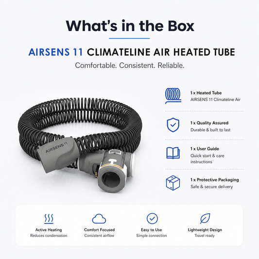 A promotional product graphic for the AIRSENS 11 Climateline Air Heated Tube, showing the coiled black heated tube and metal connector on a light gray background, with text listing included items and product benefits.
