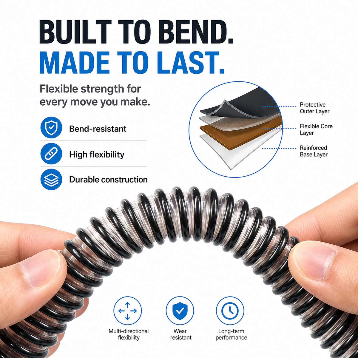 A black and silver coiled spring being held by two hands against a white background with marketing text and feature icons. A circular inset shows the layered construction of the spring.