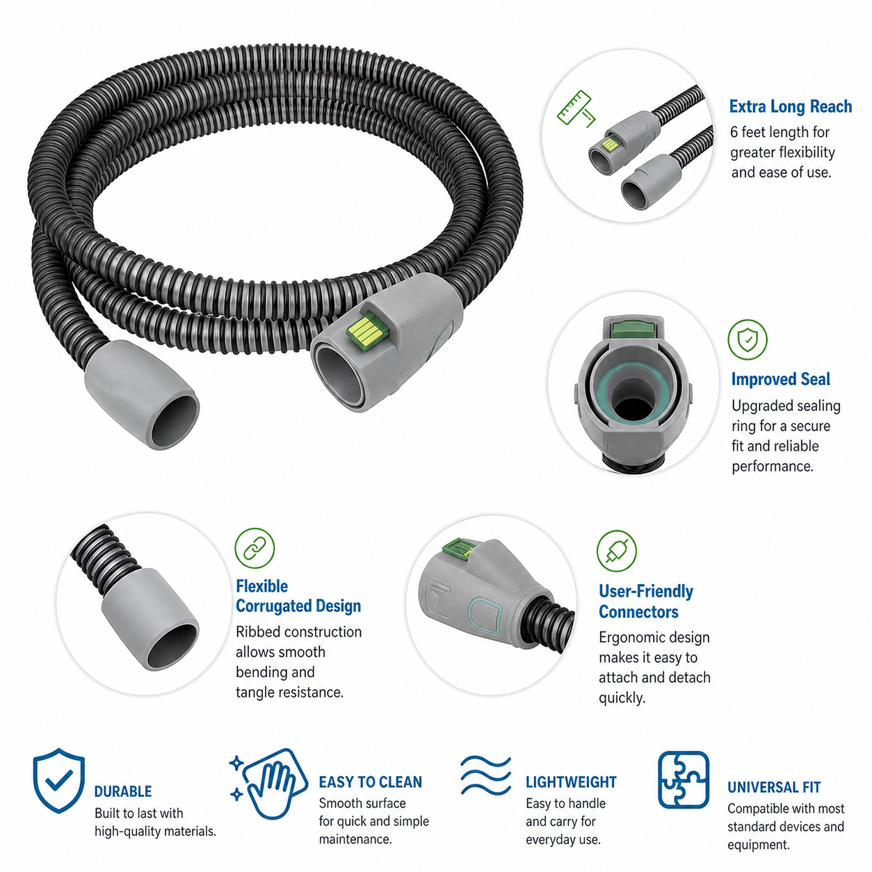 A black corrugated flexible hose with gray connector ends, shown on a white background with feature callouts and icons explaining its design and performance.