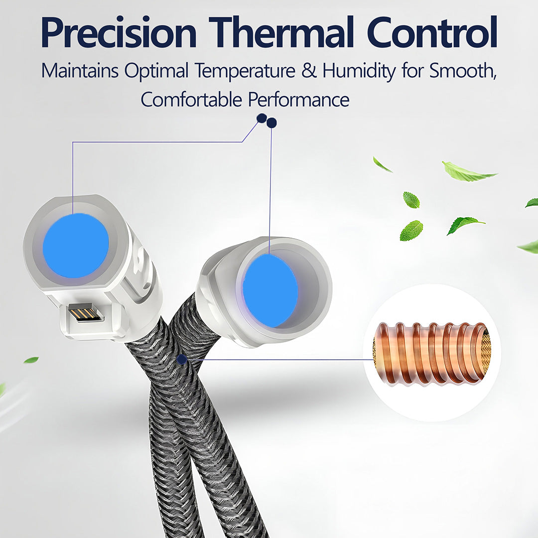 A braided charging cable with two connector ends highlighted by text reading 'Precision Thermal Control' and a circular inset showing a copper coil detail, on a clean light background.