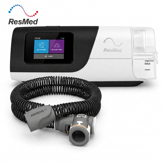 ResMed CPAP machine with a coiled black airway connector hose and gray nasal connector, shown on a clean white background with the ResMed logo in the top left.