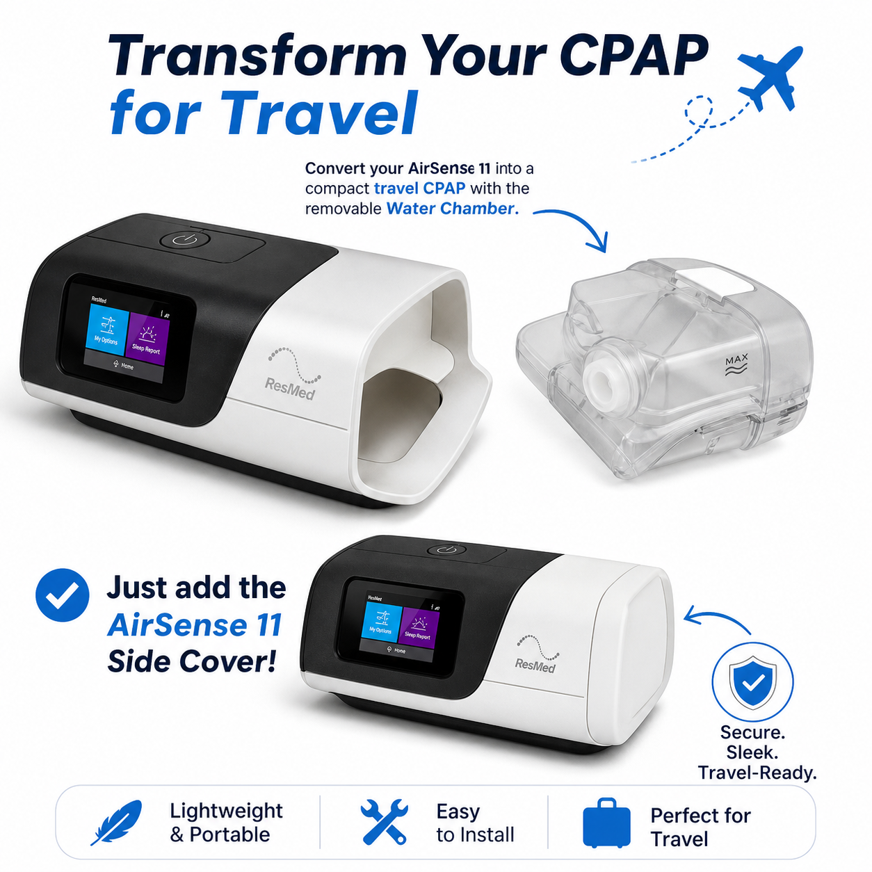 A promotional product graphic for a RespAir CPAP travel kit showing a black-and-white CPAP machine, a clear water chamber accessory, and marketing text on a white background with feature icons at the bottom.