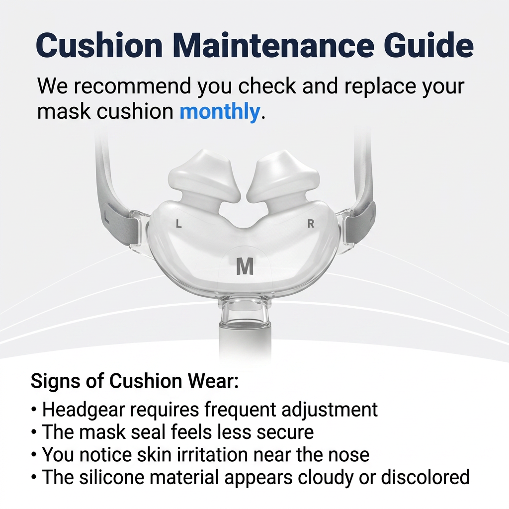 Cushion Maintenance Guide infographic showing a clear mask cushion with size marker 'M' and text advising monthly replacement, plus signs of cushion wear listed below.