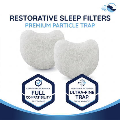 Two white restorative sleep filter cartridges shown on a white background with blue text reading 'RESTORATIVE SLEEP FILTERS PREMIUM PARTICLE TRAP' and two blue-and-white certification badges at the bottom.
