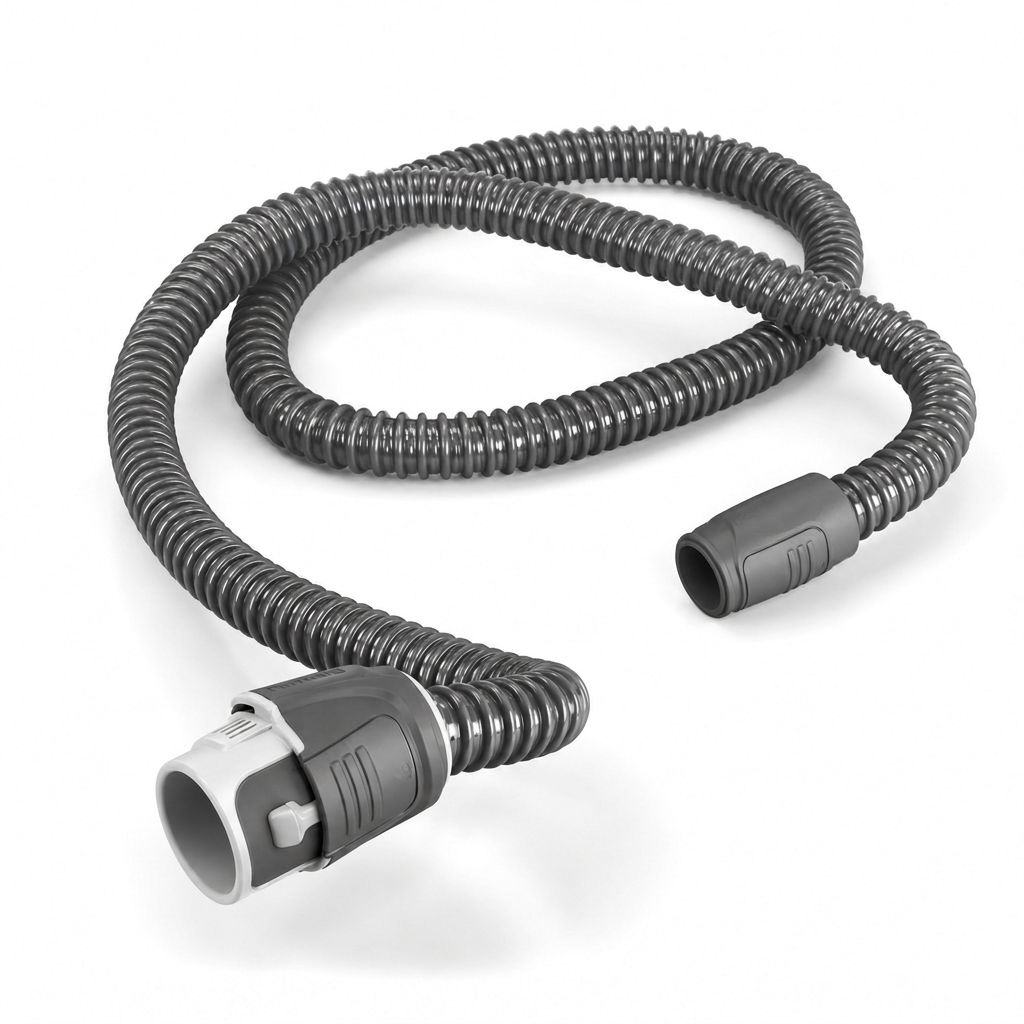 A dark gray corrugated flexible hose with two connector ends, one showing a gray and white male plug and the other a matching gray plug, displayed on a clean white background.