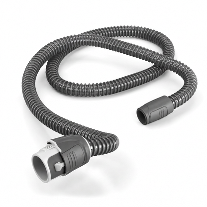 A dark gray corrugated flexible hose with two connector ends, one showing a gray and white male plug and the other a matching gray plug, displayed on a clean white background.