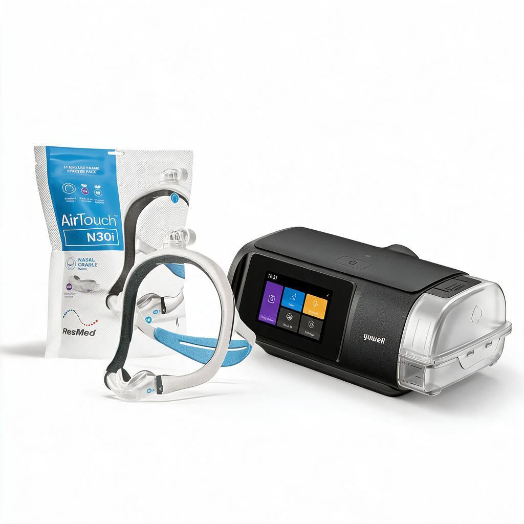 A Yviell AirTouch N30 portable home oxygen concentrator shown with its blue and white tubing and a retail packaging bag on a clean white background.