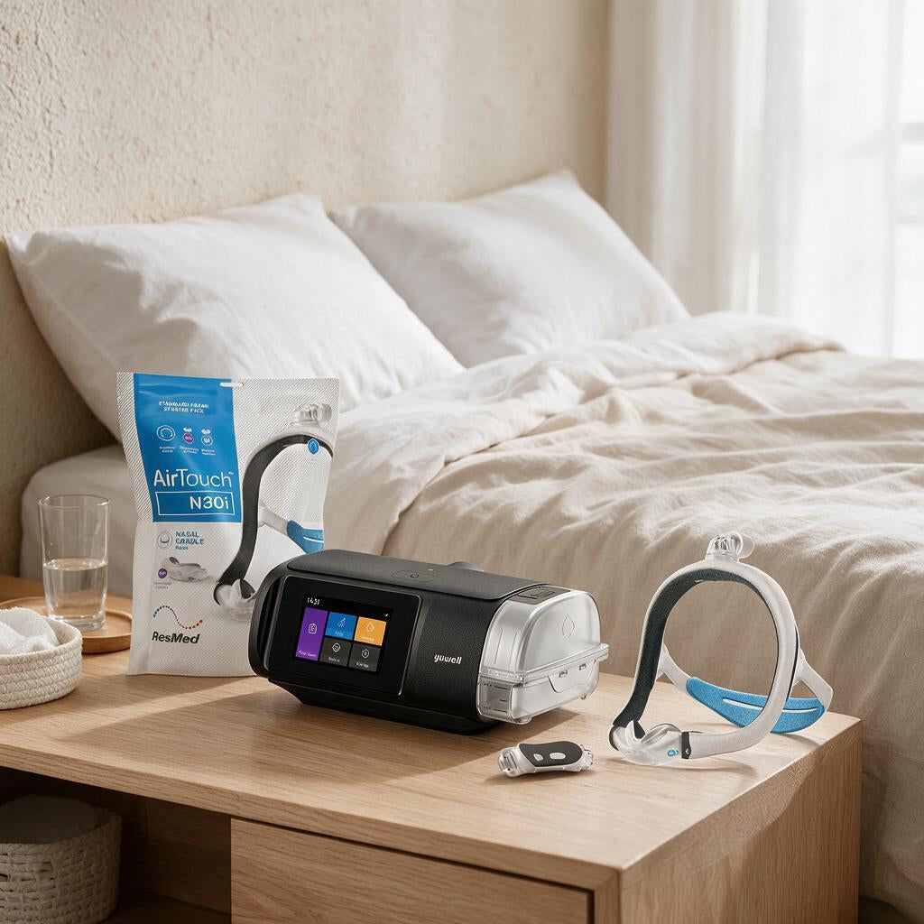 A sleep apnea breathing device set displayed on a wooden bedside table next to a bed. The set includes a black and clear main machine with a color touchscreen, a white and blue mask, a small remote, and the retail box for an AirTouch N30 from NextMind.