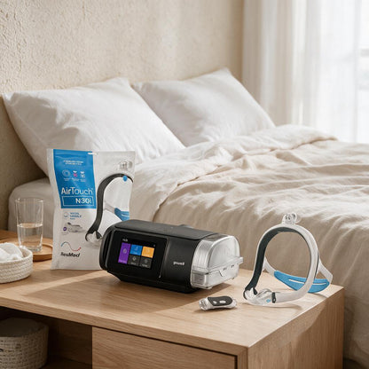 A sleep apnea breathing device set displayed on a wooden bedside table next to a bed. The set includes a black and clear main machine with a color touchscreen, a white and blue mask, a small remote, and the retail box for an AirTouch N30 from NextMind.