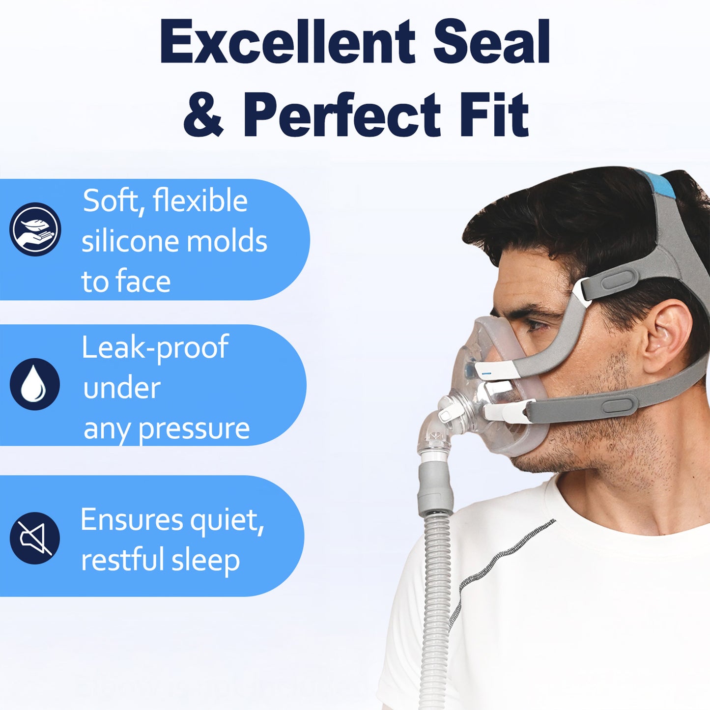 ResMed AirFit F20 full face CPAP mask shown worn by model