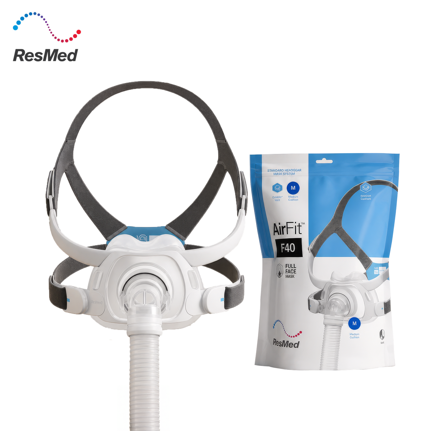 ResMed AirFit F40 Full Face CPAP Mask with silicone cushion and adjustable headgear.
