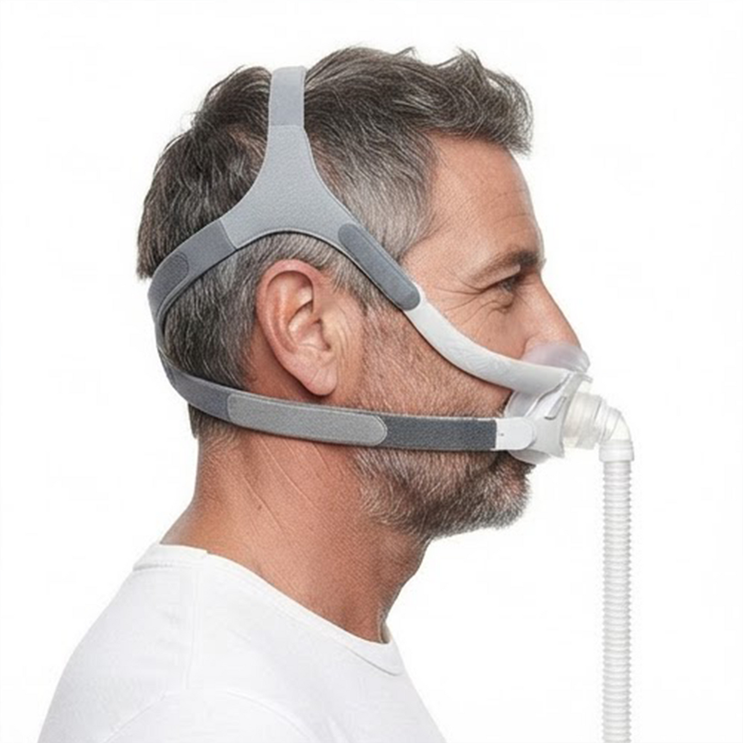 Side profile of a person wearing the ResMed AirFit F40 Full Face CPAP Mask with headgear during CPAP therapy.