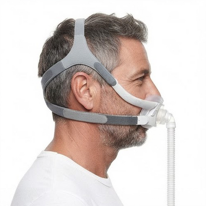 Side profile of a person wearing the ResMed AirFit F40 Full Face CPAP Mask with headgear during CPAP therapy.