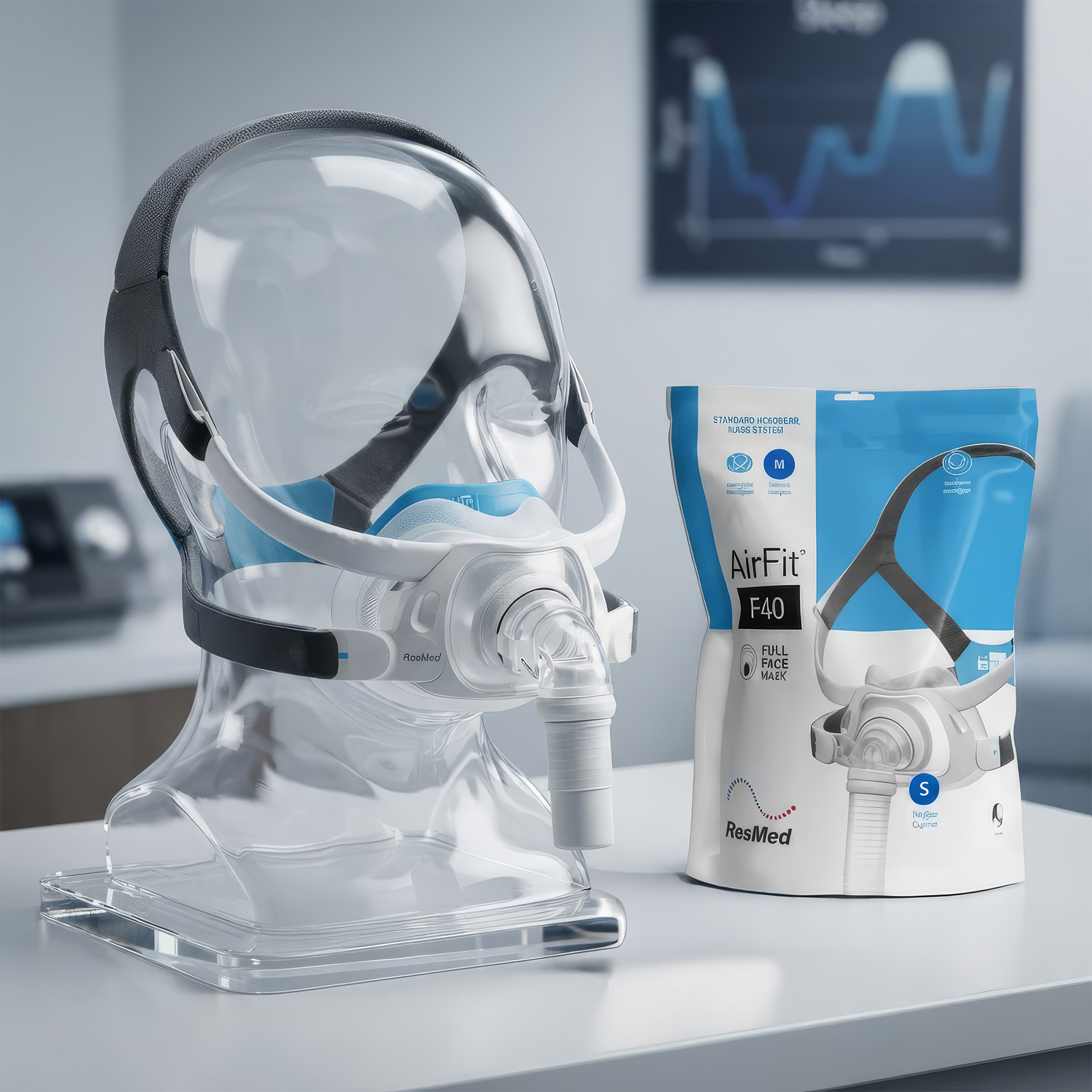 Front view of the ResMed AirFit F40 Full Face CPAP Mask with original retail packaging