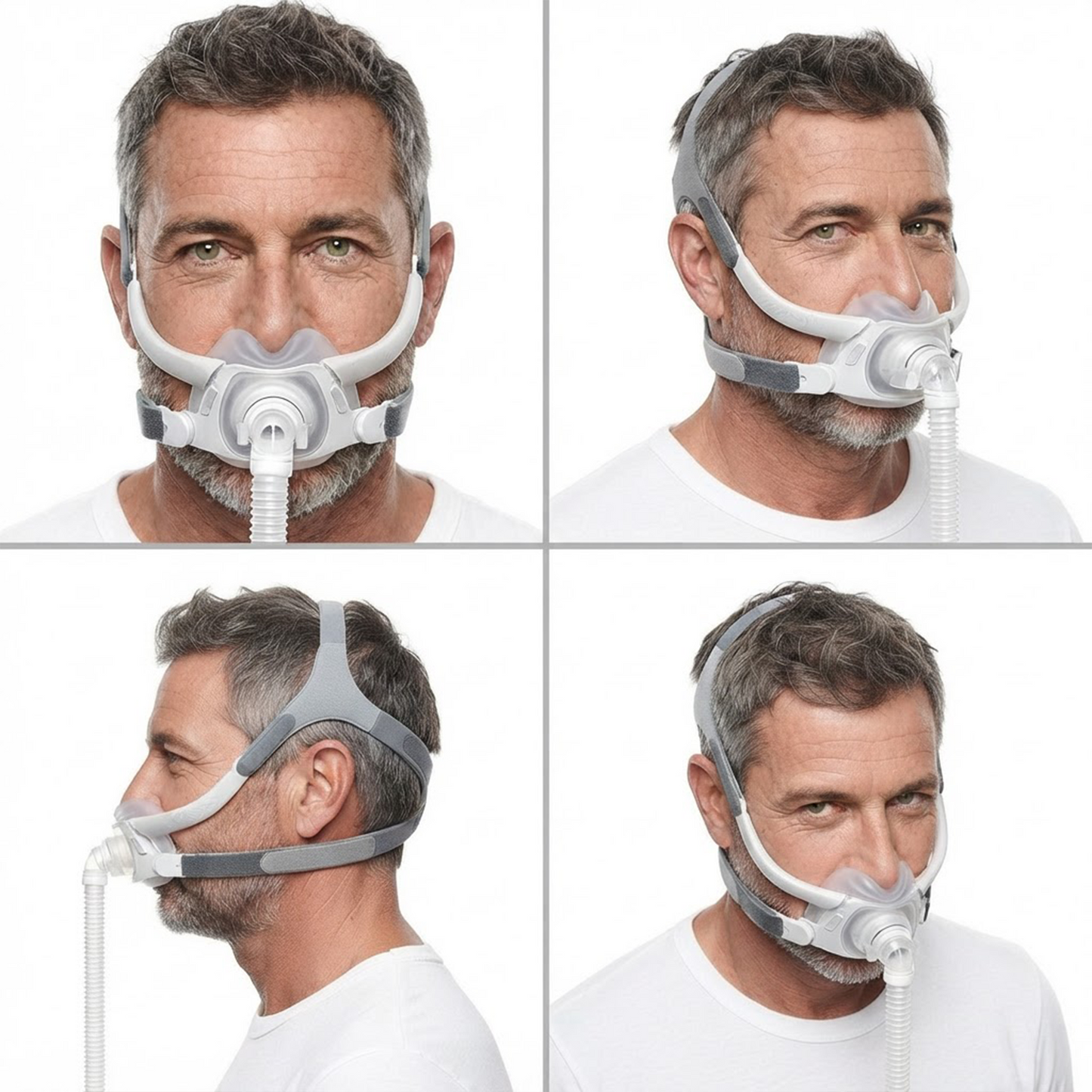 Multiple views of the ResMed AirFit F40 Full Face CPAP Mask showcasing the mask design, headgear, and fit.