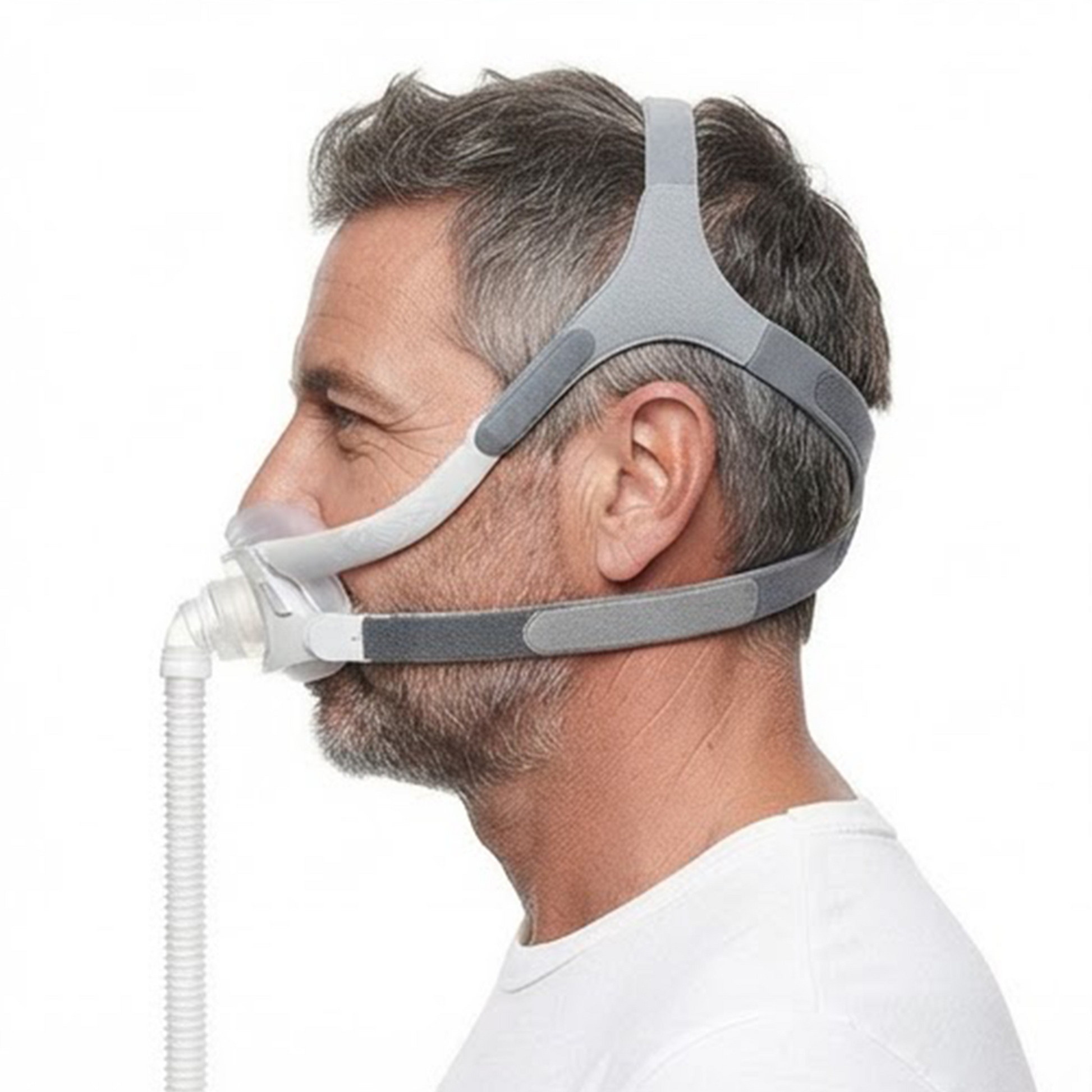 Side view demonstrating the fit of the ResMed AirFit F40 Full Face CPAP Mask with headgear