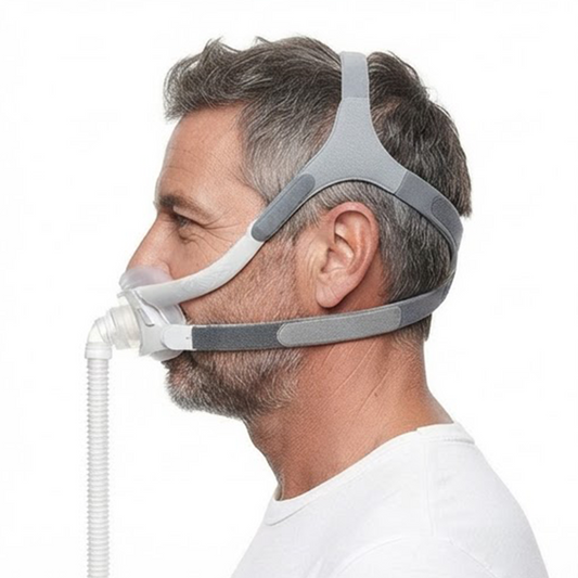 Side view demonstrating the fit of the ResMed AirFit F40 Full Face CPAP Mask with headgear
