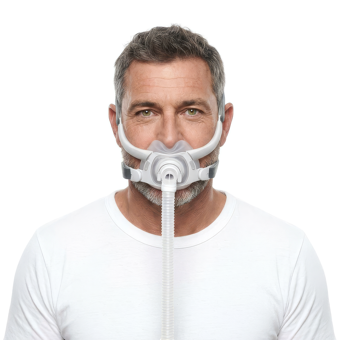 Head-on view of the ResMed AirFit F40 Full Face CPAP Mask with silicone cushion and headgear.