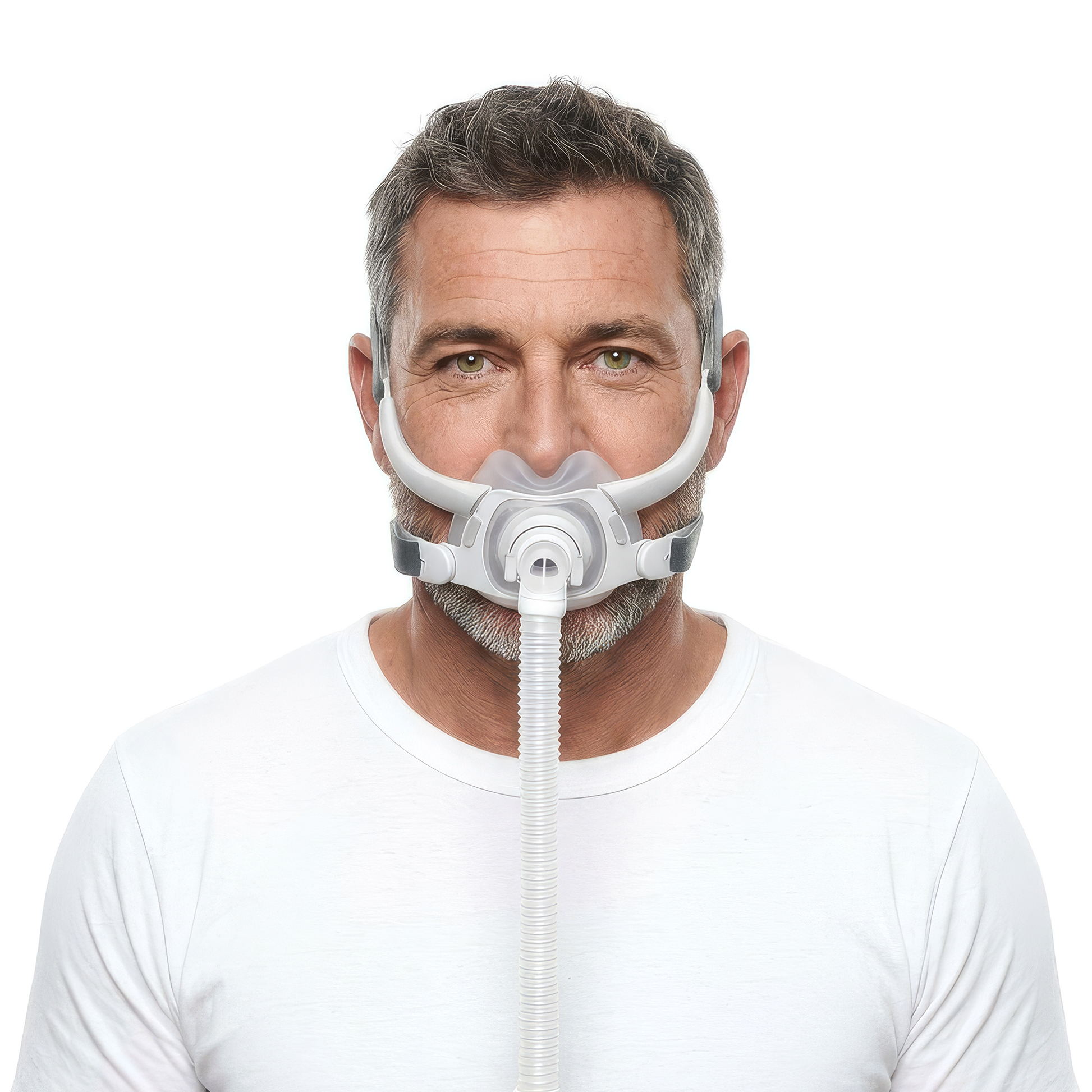 Head-on view of the ResMed AirFit F40 Full Face CPAP Mask with silicone cushion and headgear.