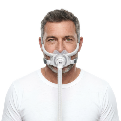 Head-on view of the ResMed AirFit F40 Full Face CPAP Mask with silicone cushion and headgear.